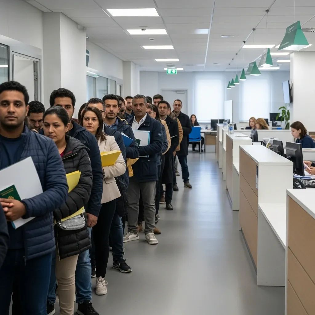 Immigrants holding documents in line at a Portuguese government immigration office