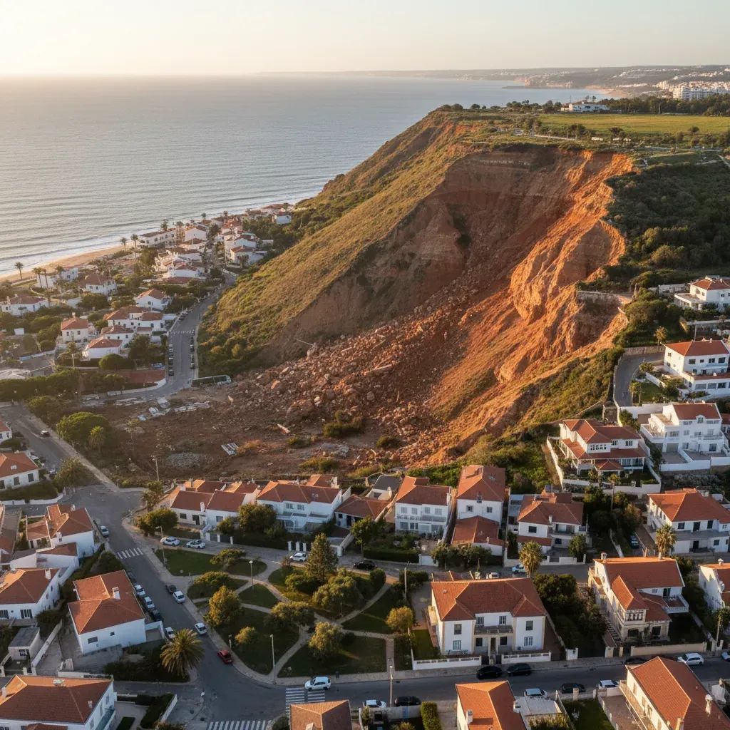 Aerial view of Almada showing storm-damaged hillside neighborhoods and residential areas affected by recent landslides