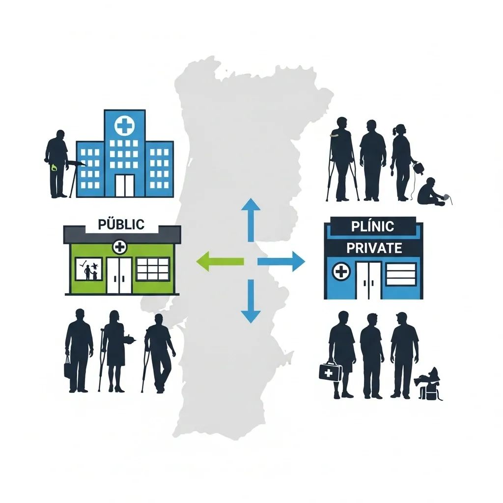 Infographic with stylized public hospital and private clinic icons connected by arrows over a subtle Portugal map outline