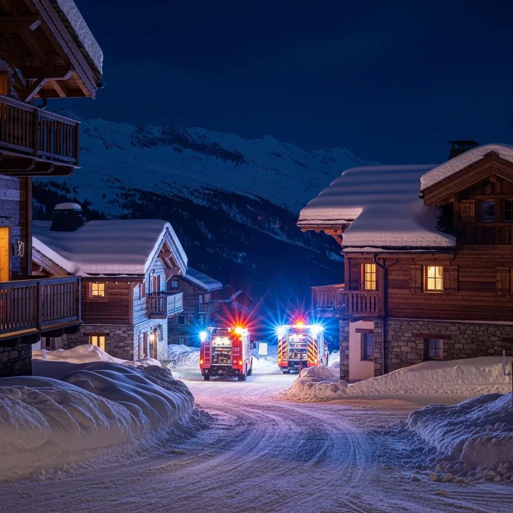 Snow-covered ski resort exterior at dawn with emergency vehicles and flashing lights