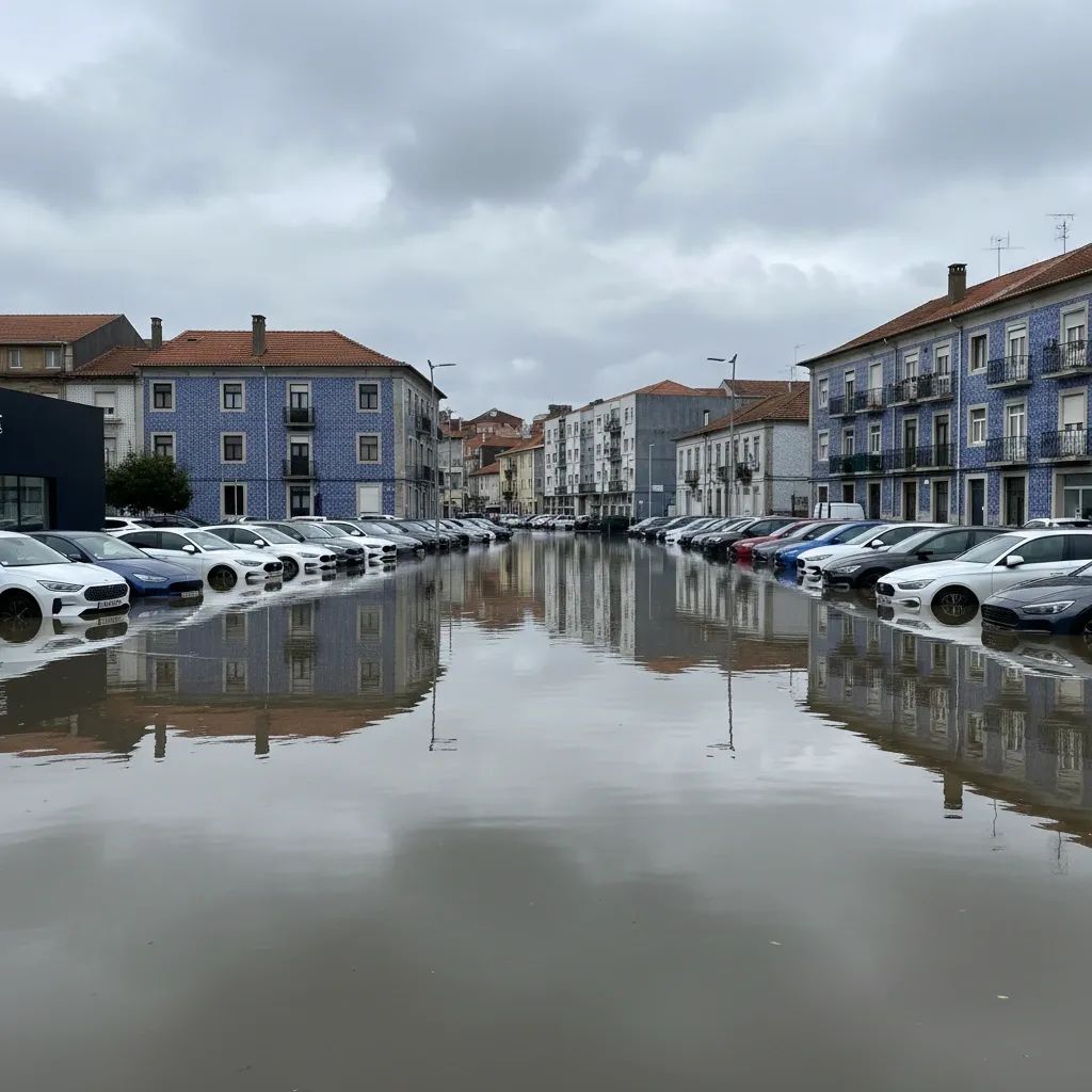 Flooded Portuguese car dealership lot with half-submerged vehicles after severe winter storms