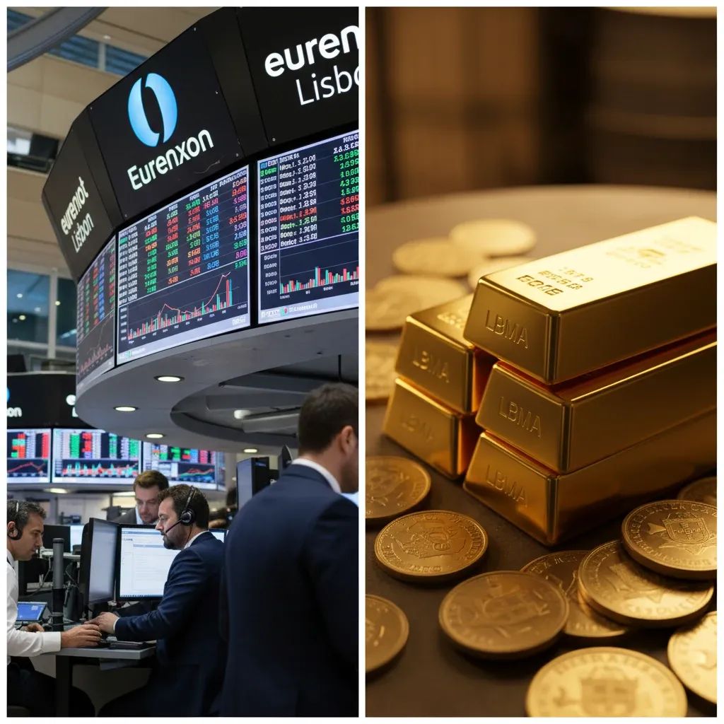 Portuguese stock market traders monitoring PSI index alongside precious metals representing safe-haven investments during trade tensions