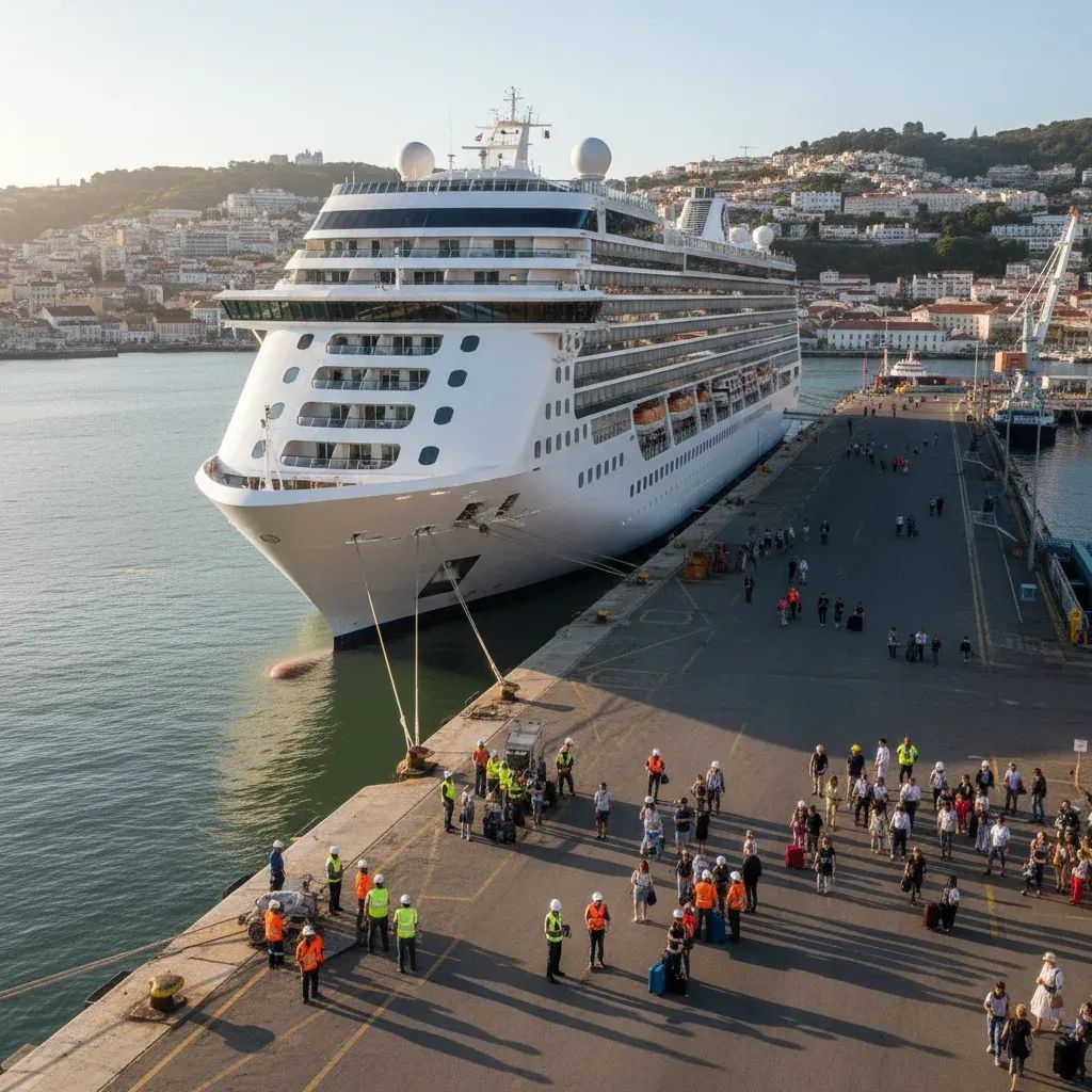 Cruise ship docked at Portuguese port with harbor workers and passengers during daytime operations
