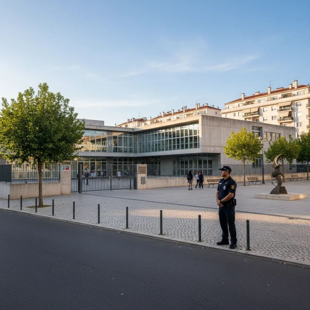 School entrance with safety measures and security presence in Portuguese urban setting