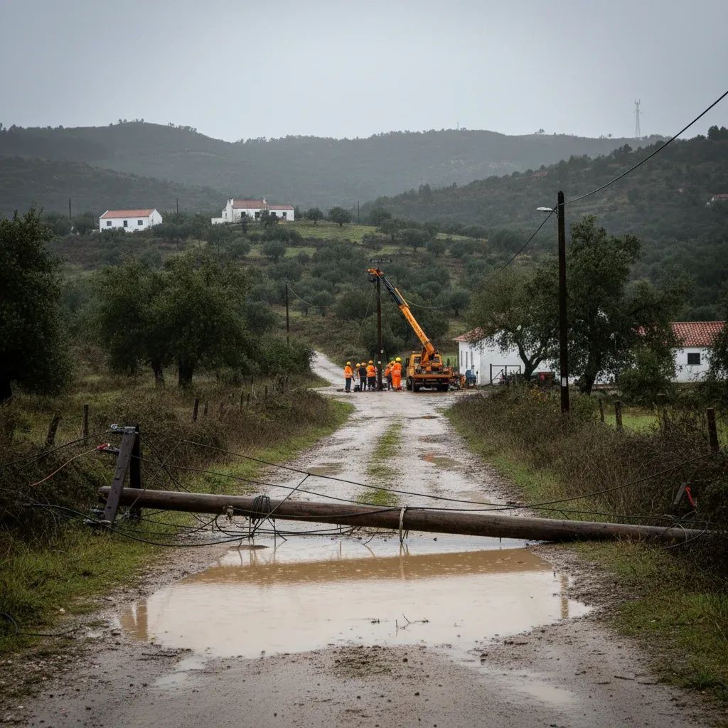Repair crews fix storm-damaged power lines in rural Leiria under grey skies after major outages