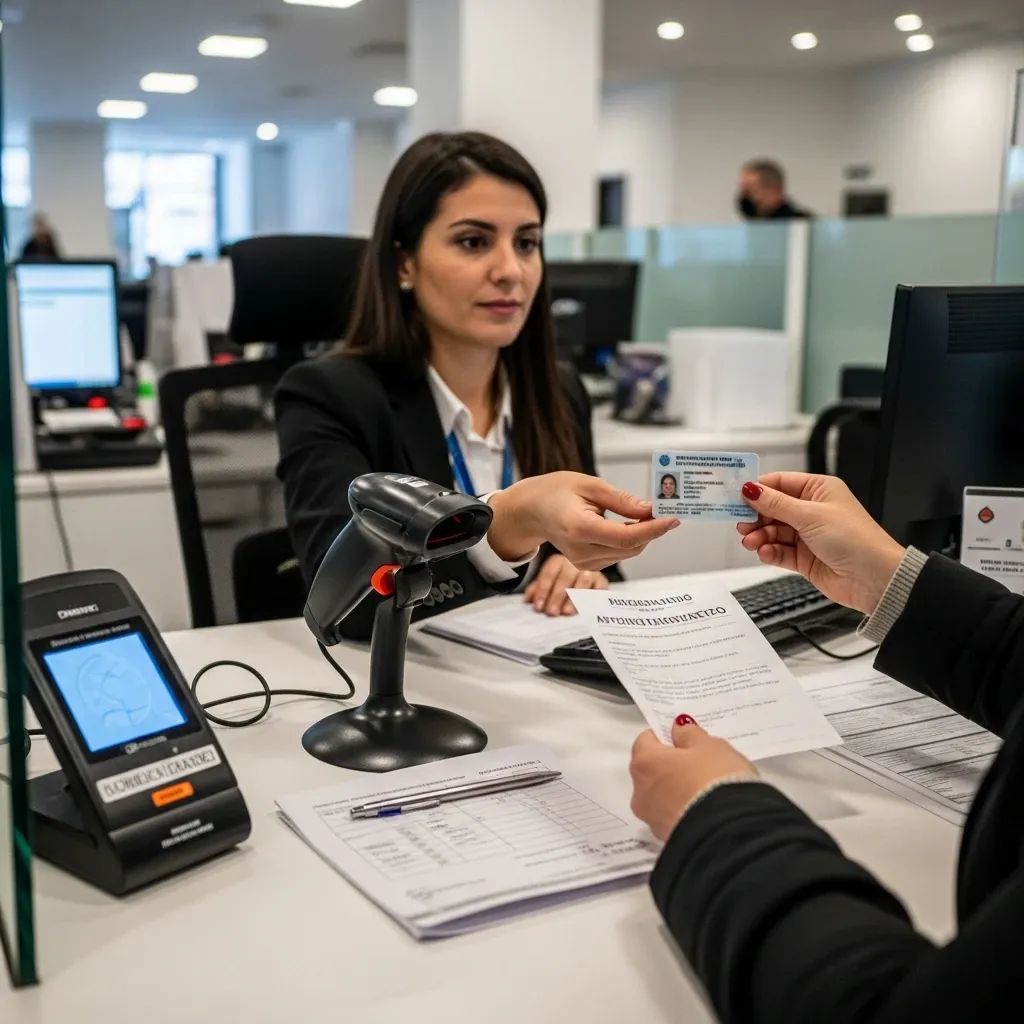 Person handing ID and appointment notice at Portuguese immigration office counter