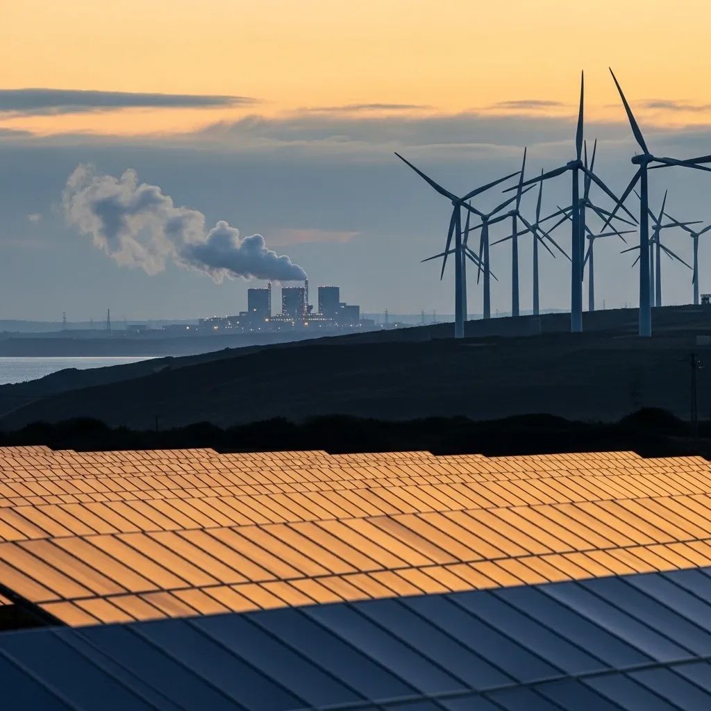 Wind turbines, solar panels and a gas-fired power plant in a Portuguese coastal landscape at dusk