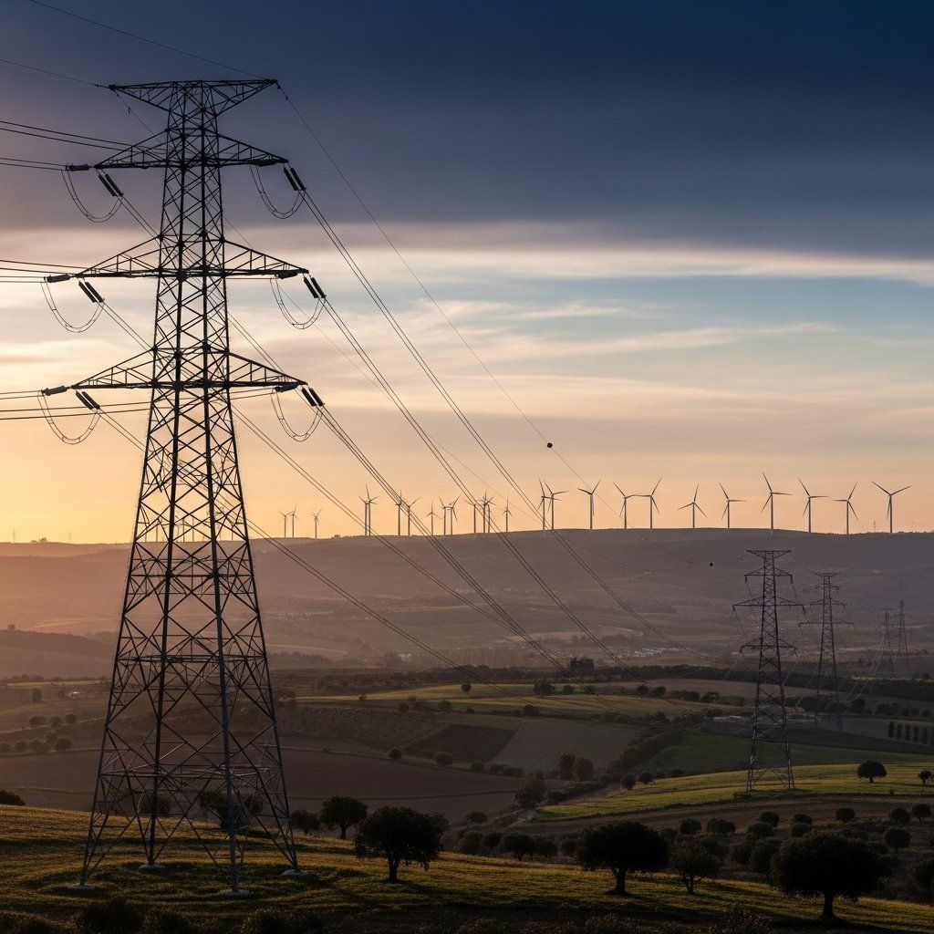 High-voltage transmission towers and wind turbines in a Portuguese rural landscape at dusk