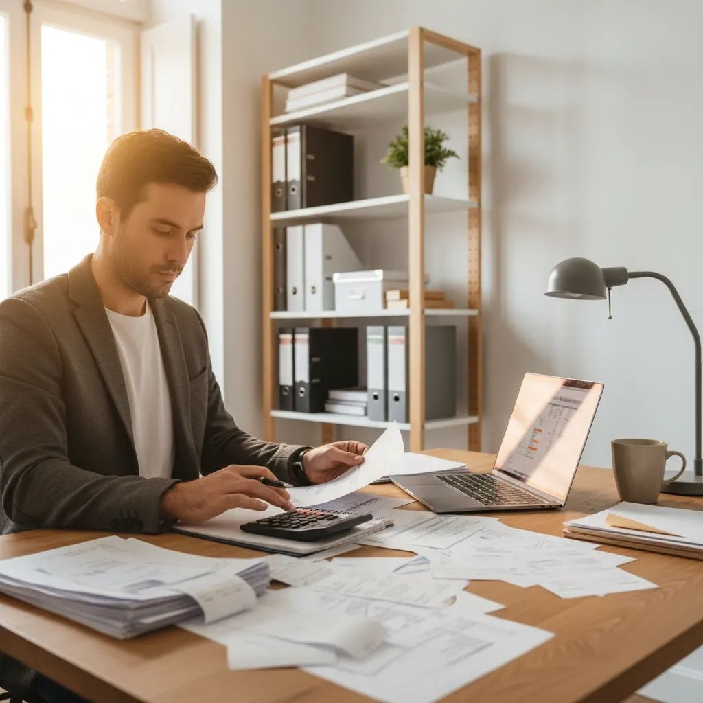 Person reviewing tax invoices and receipts at home office desk with laptop and calculator for tax filing