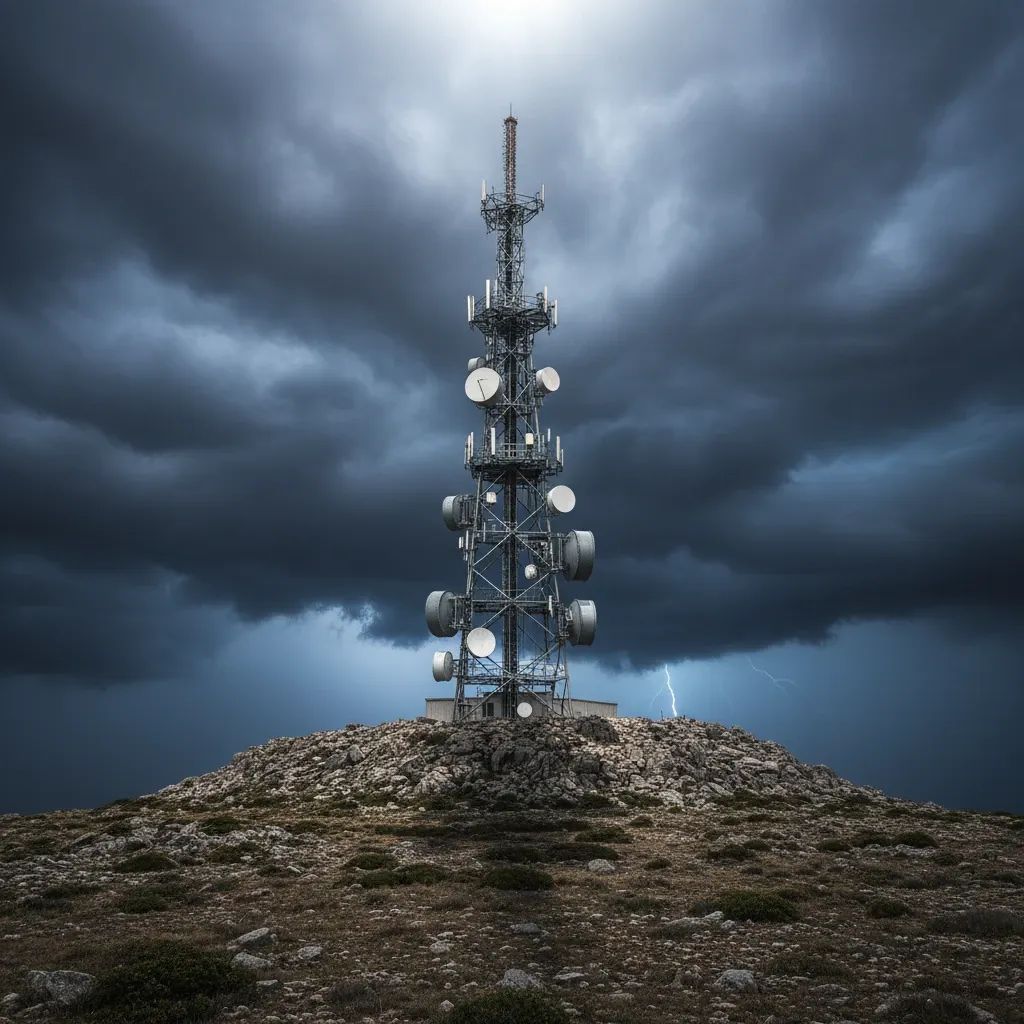 Communications tower for emergency radio network against stormy Portuguese sky