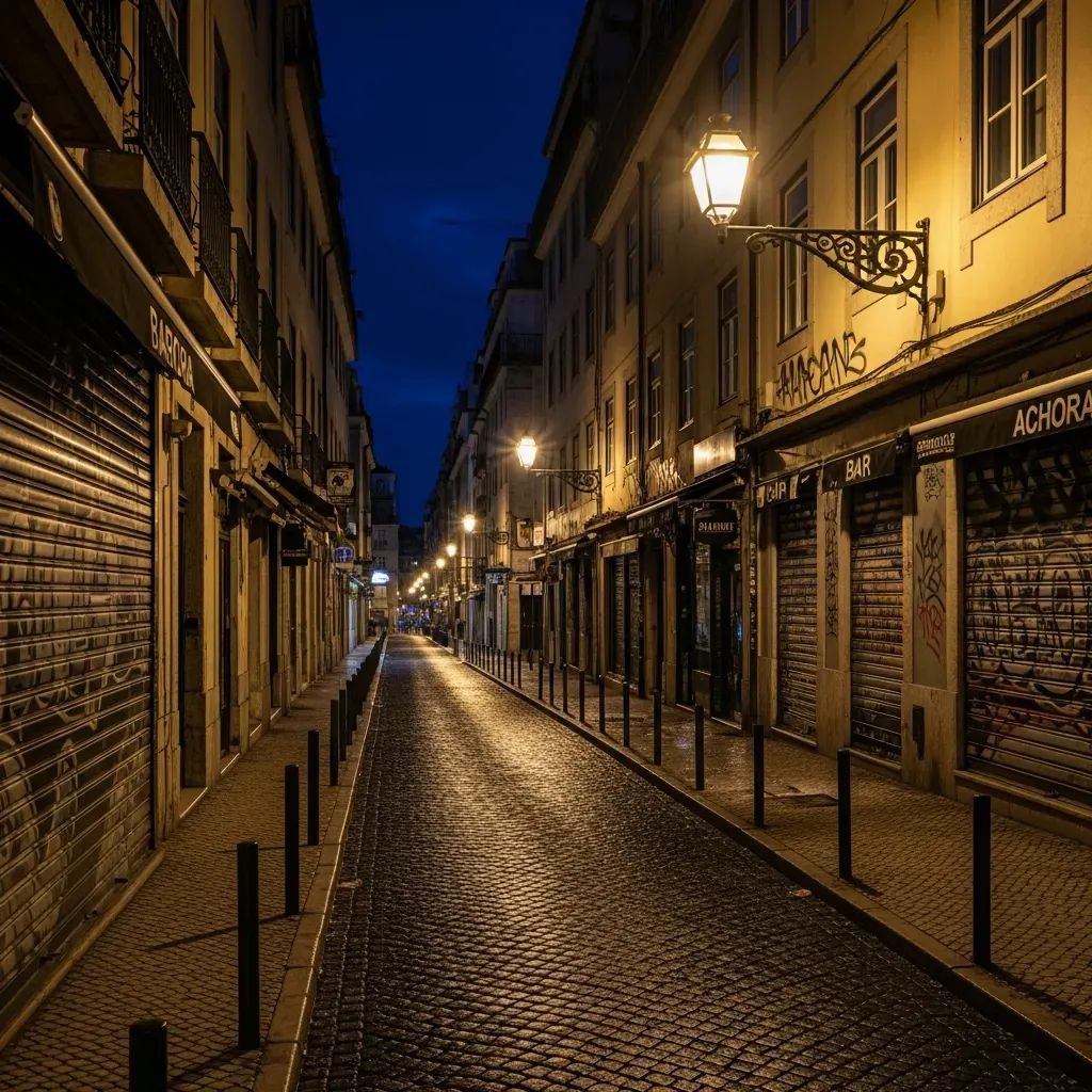 Empty Lisbon street at night with closed bar shutters and lit street lamps