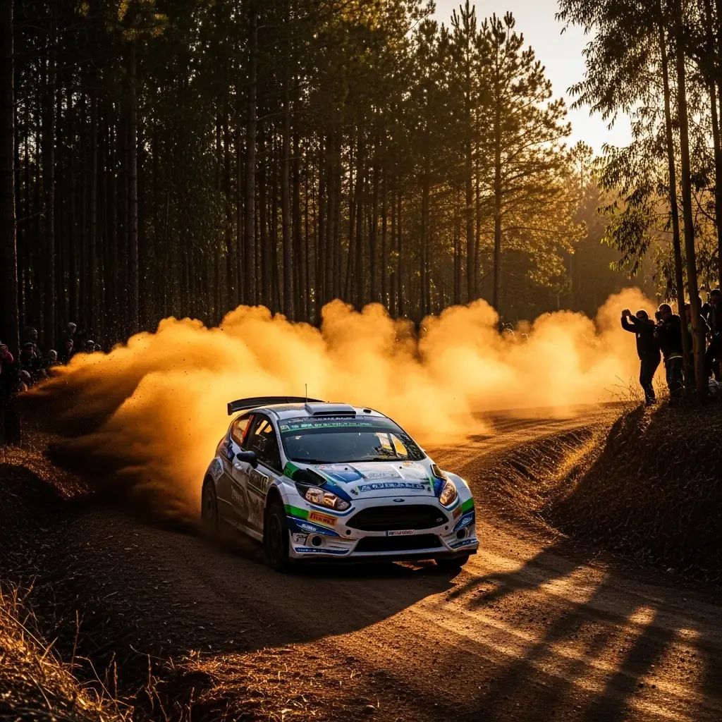 Rally car speeding on a dusty forest road in rural Portugal at sunset with spectators in background