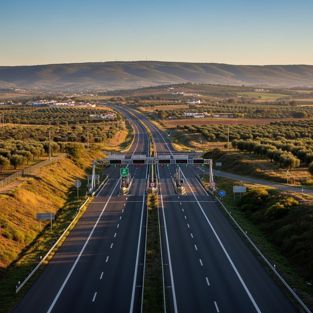Deactivated motorway toll gantries on a rural Portuguese highway symbolizing toll exemptions