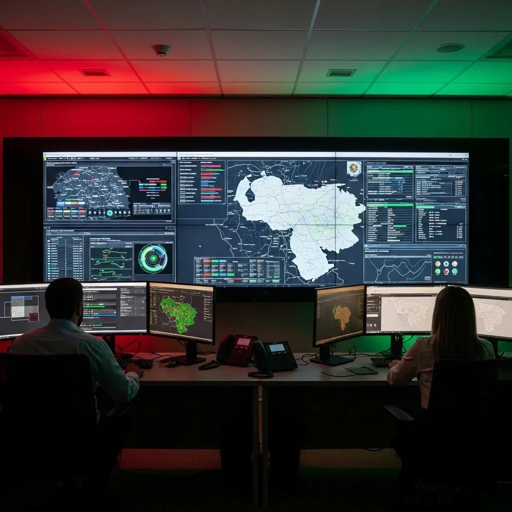 Crisis desk staff monitoring maps and data screens in Portuguese government office