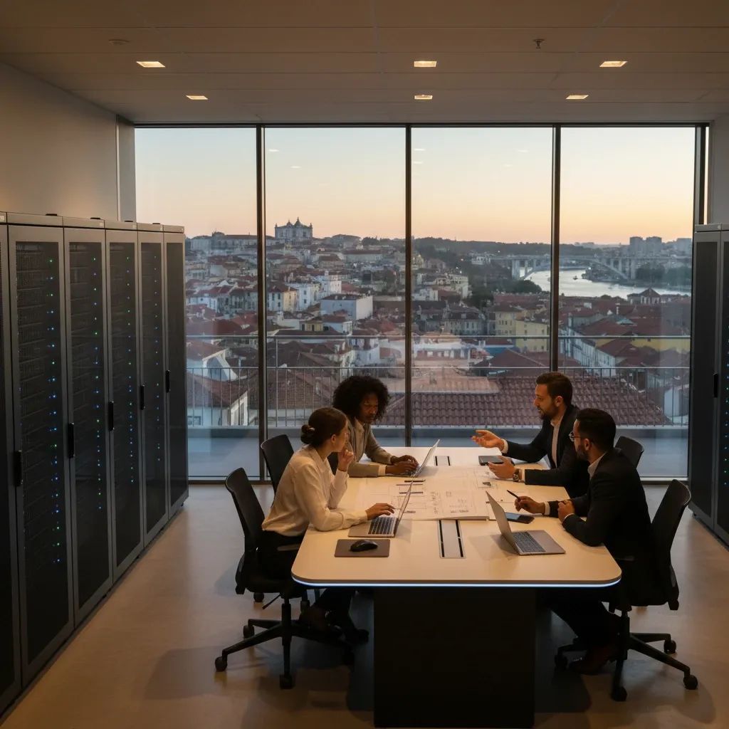 Modern tech office with professionals collaborating near server racks against a Portuguese city skyline