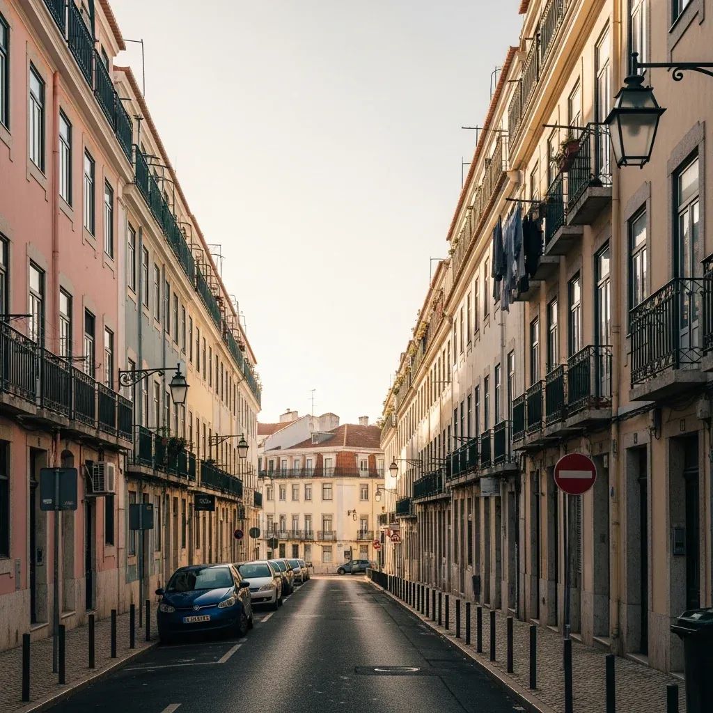 Pastel-colored Lisbon apartment buildings on a residential street illustrating rental housing pressure