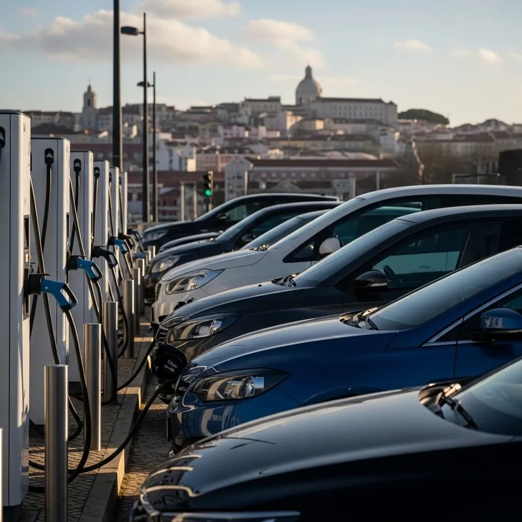 Electric vehicles lined up at a public charging station in a Portuguese city
