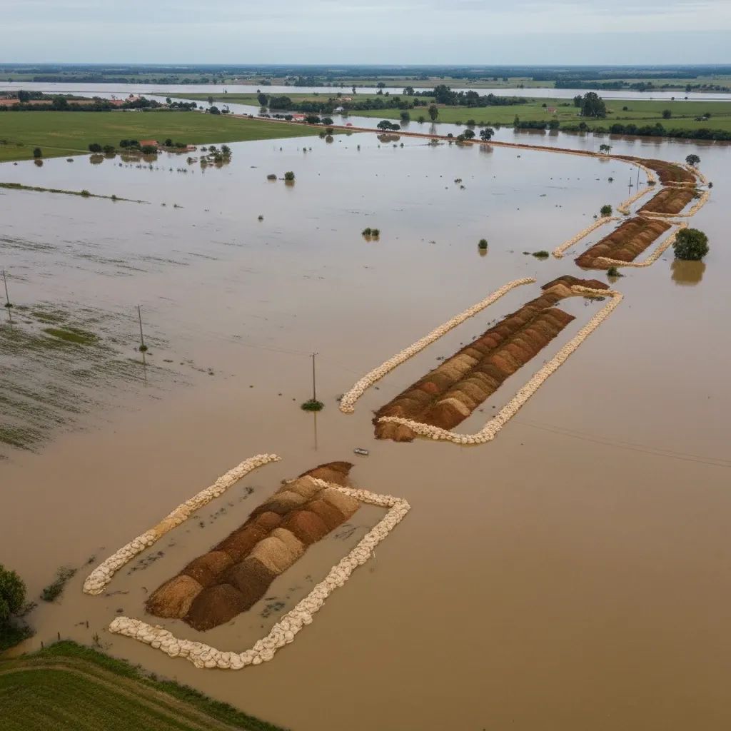 Aerial view of flooded agricultural lands near Coimbra with temporary dike repairs and sandbag barriers along Mondego River