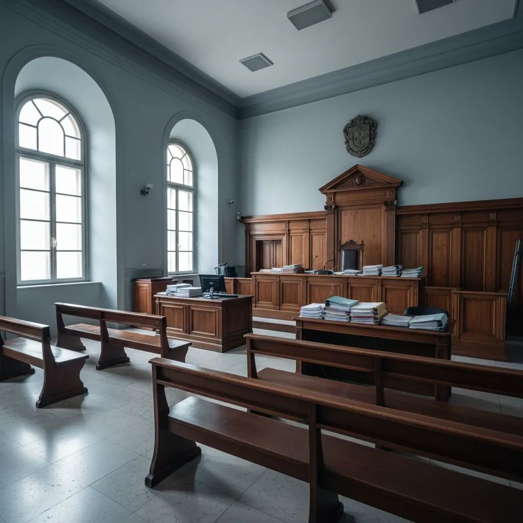Empty Portuguese courtroom with judge's bench and legal documents, representing court ruling on press freedom