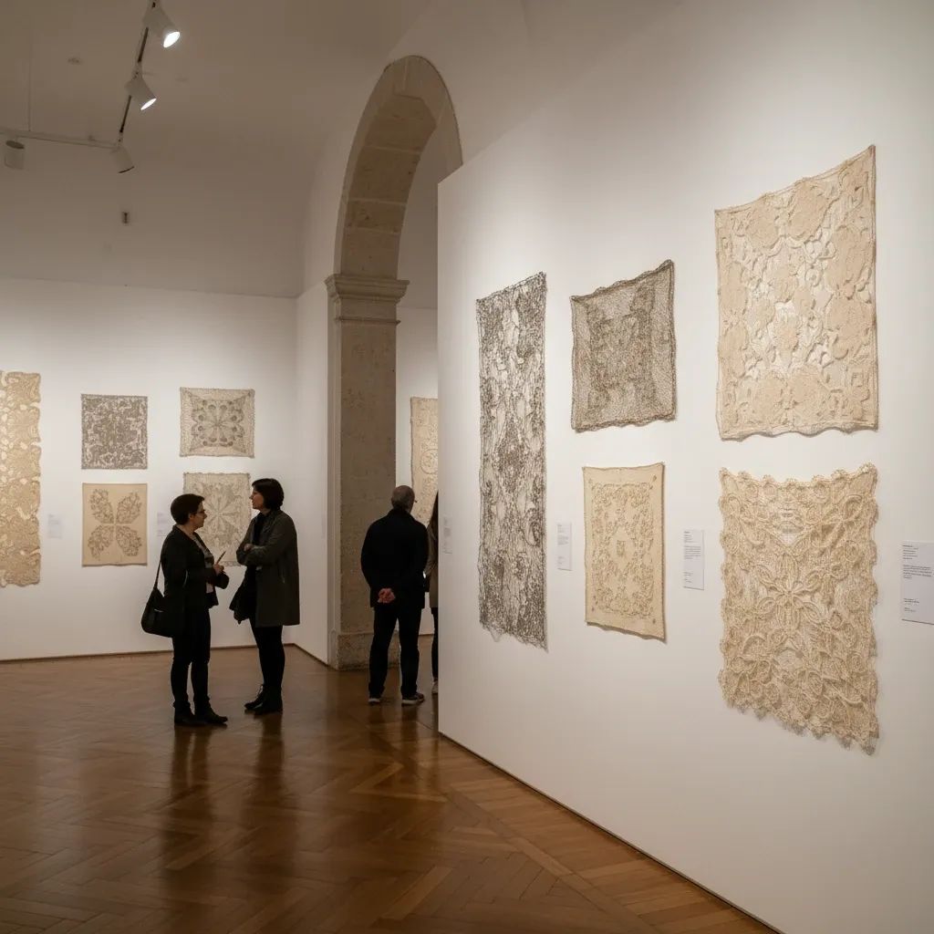 Modern museum gallery displaying lace and textile artwork exhibitions in Lisbon's Chiado