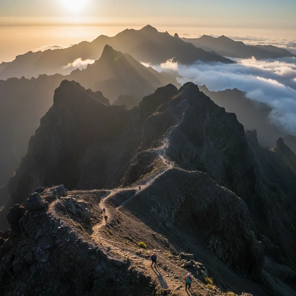 Madeira's Vereda do Areeiro ridge trail with volcanic basalt cliffs and mountain peaks at sunrise