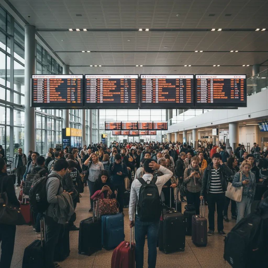 Airport terminal with canceled flight information and concerned travelers with luggage