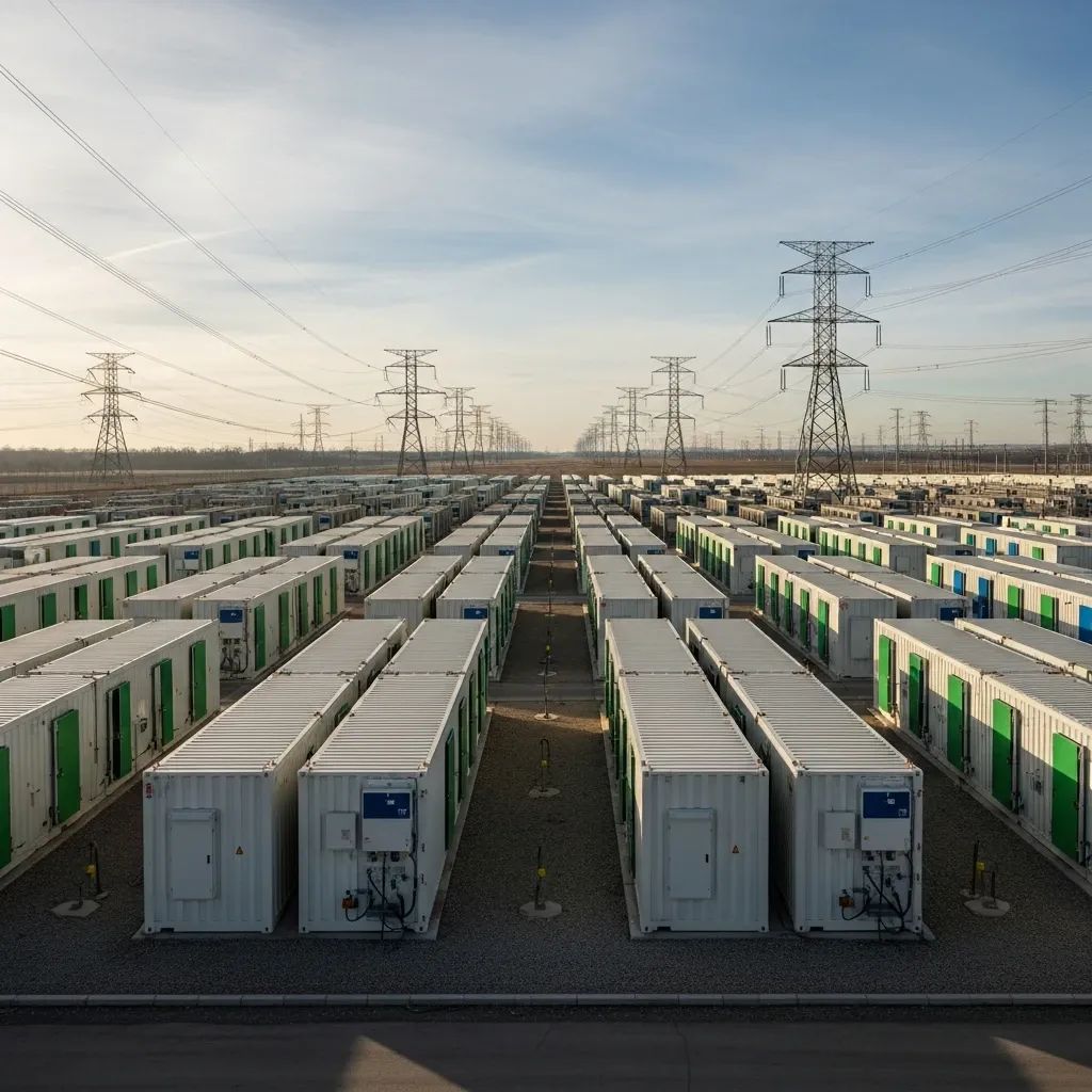 Outdoor industrial battery storage facility with rows of modular power containers and transmission lines