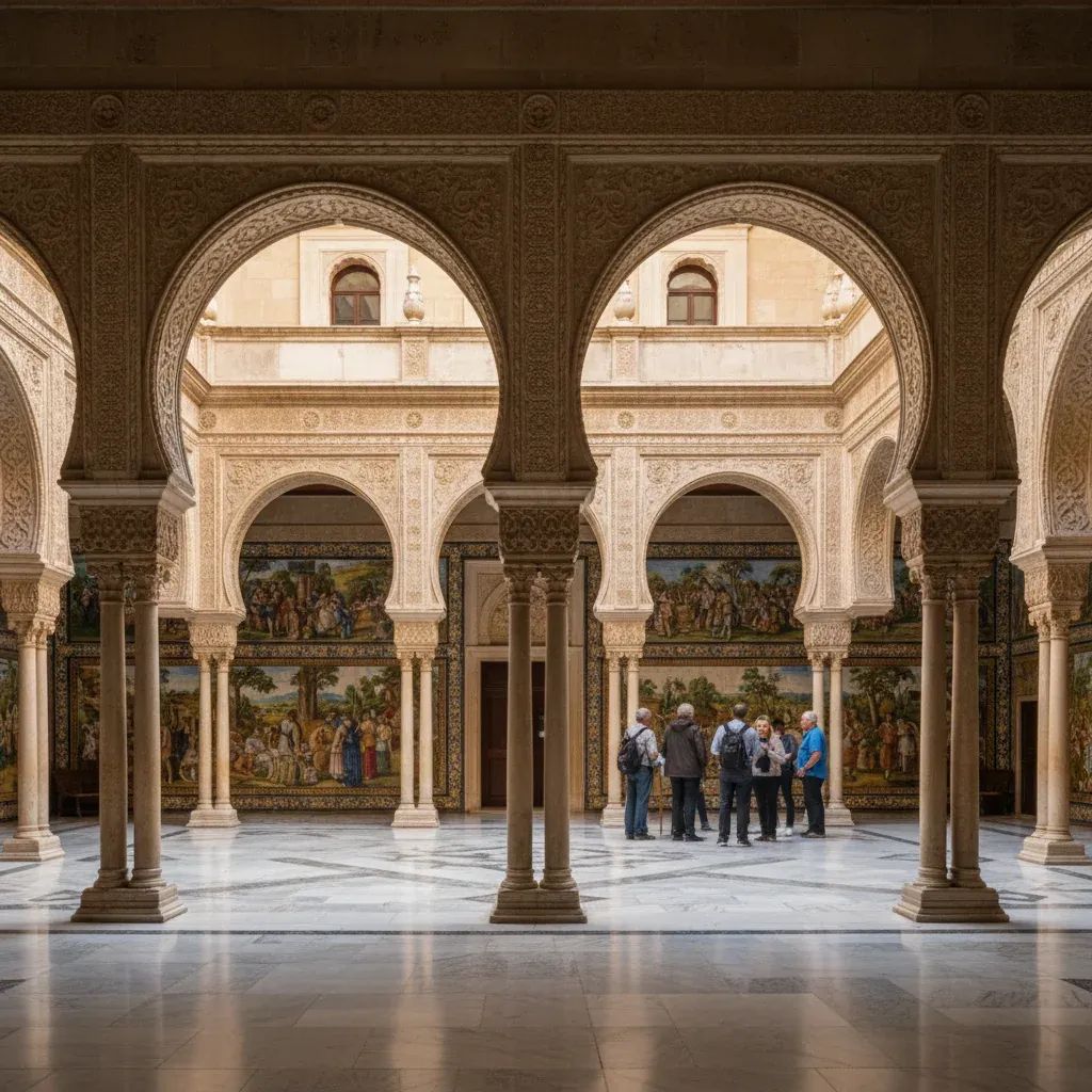 Interior courtyard of Casa do Alentejo palace showing Neo-Moorish arches, decorative tilework, and colonnades in Lisbon