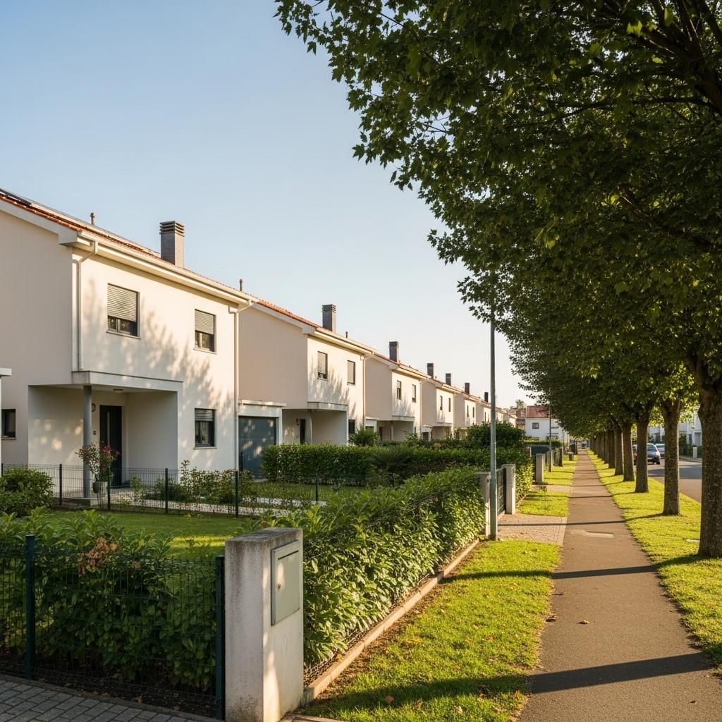 Row of modern detached suburban houses with front gardens in Portugal