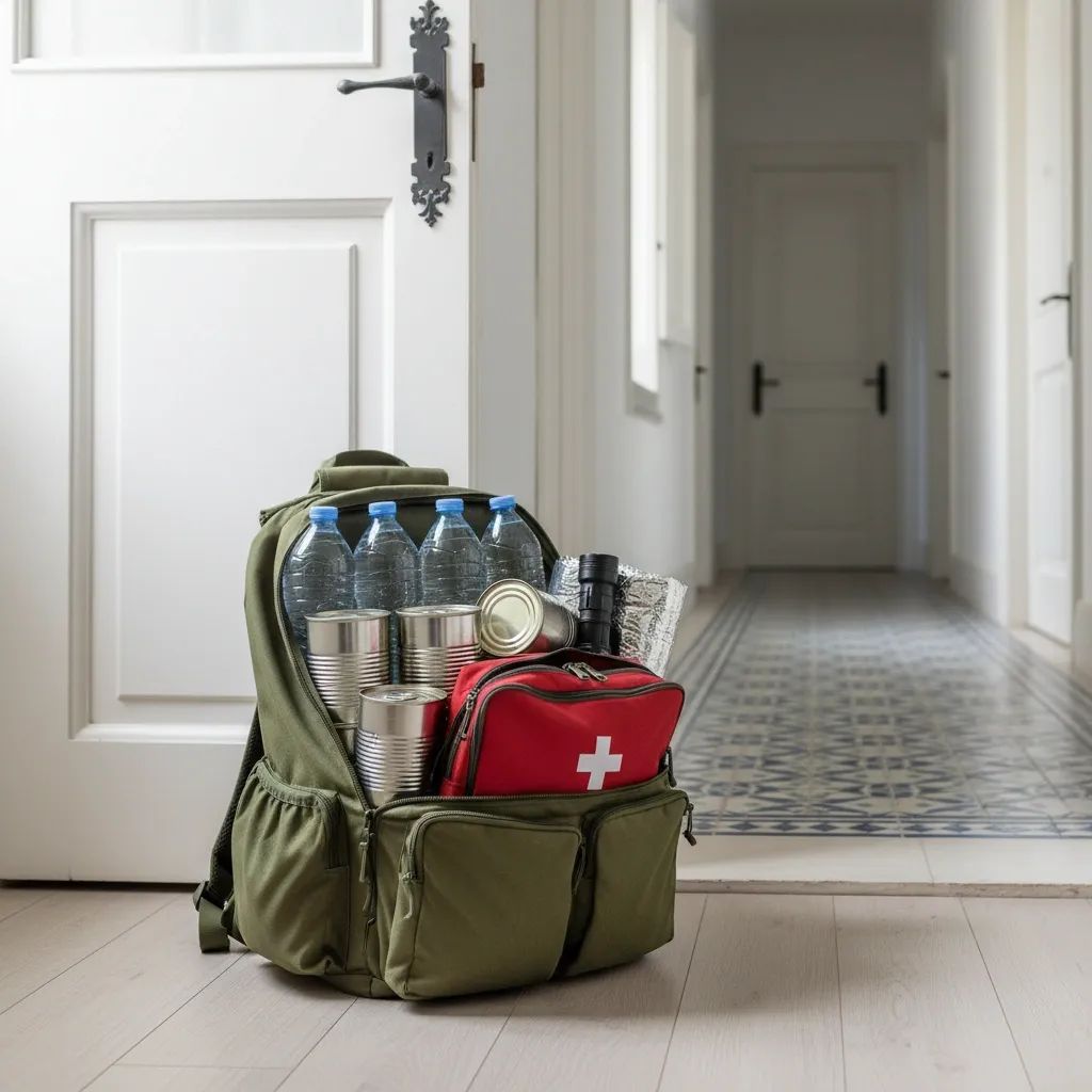 Open emergency backpack with water bottles, canned food and first-aid kit ready for storms