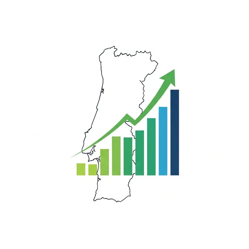 Map of Portugal with upward-trending bar chart illustrating economic growth
