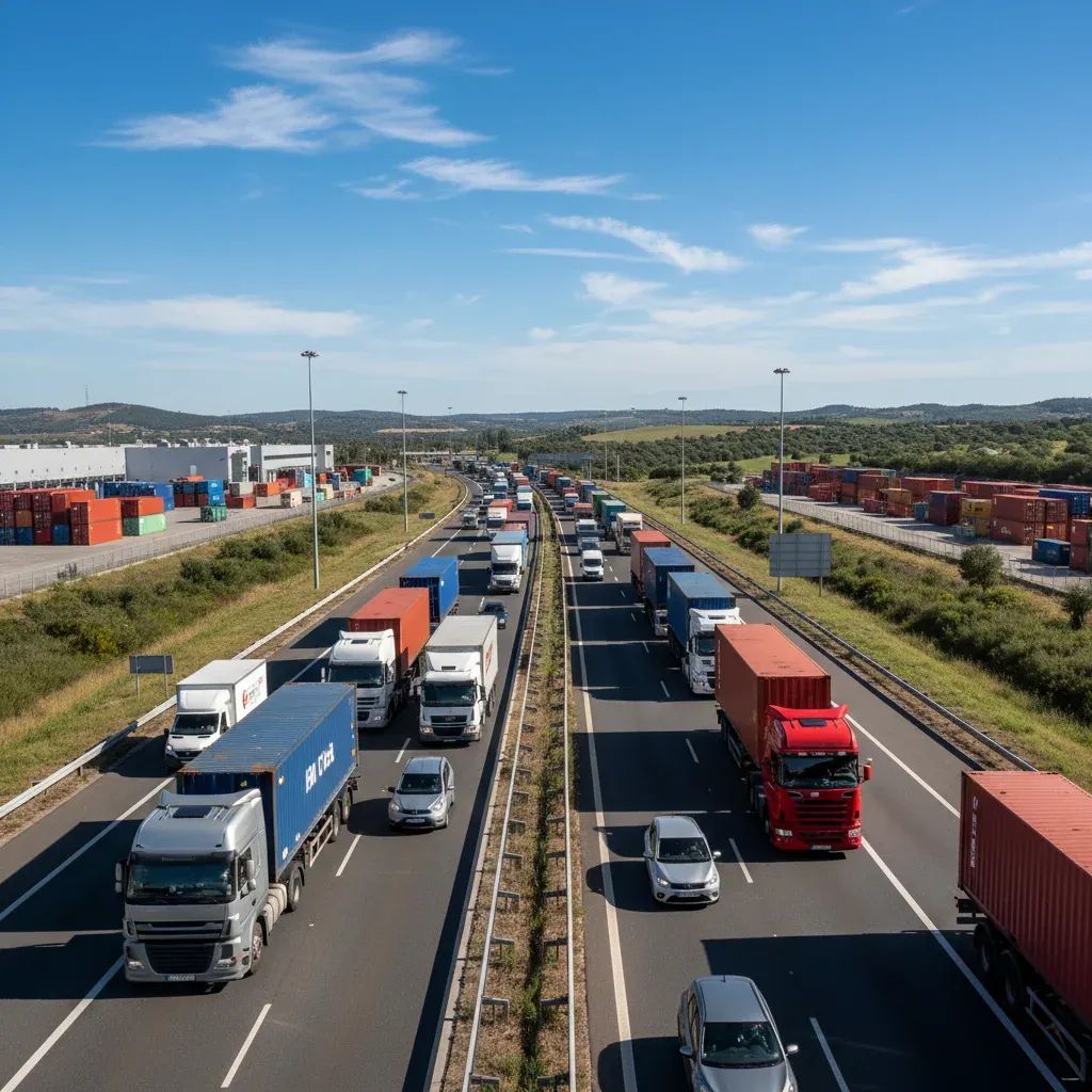 Portuguese freight trucks on highway during daytime, representing logistics and transportation sector