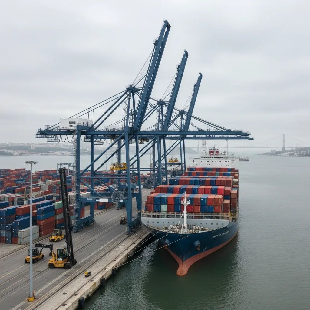 Container ship at Lisbon port loading cargo, representing Portuguese export trade disruption