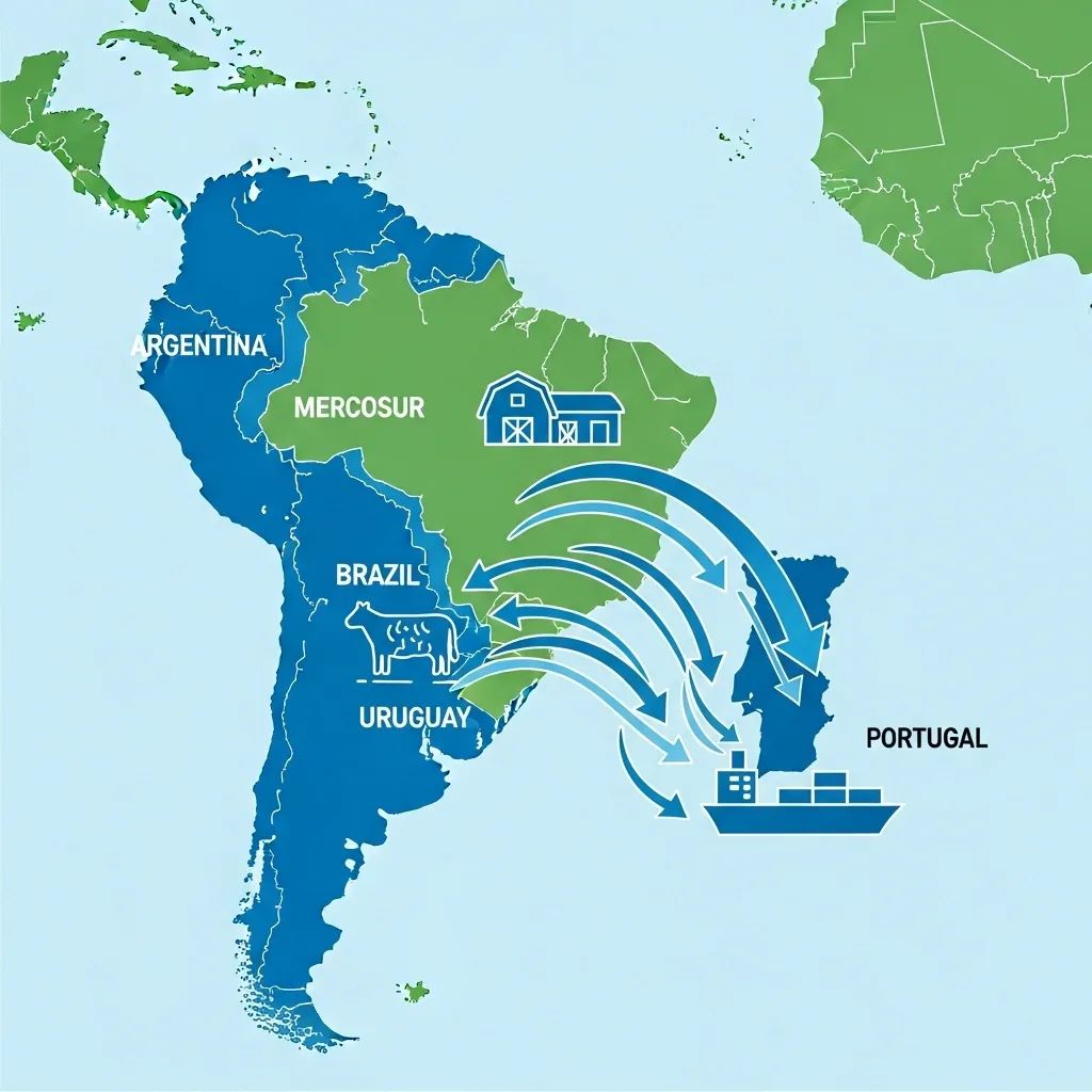 Infographic showing trade flows from Mercosur to Portugal with map, arrows, cargo ship and farm icons