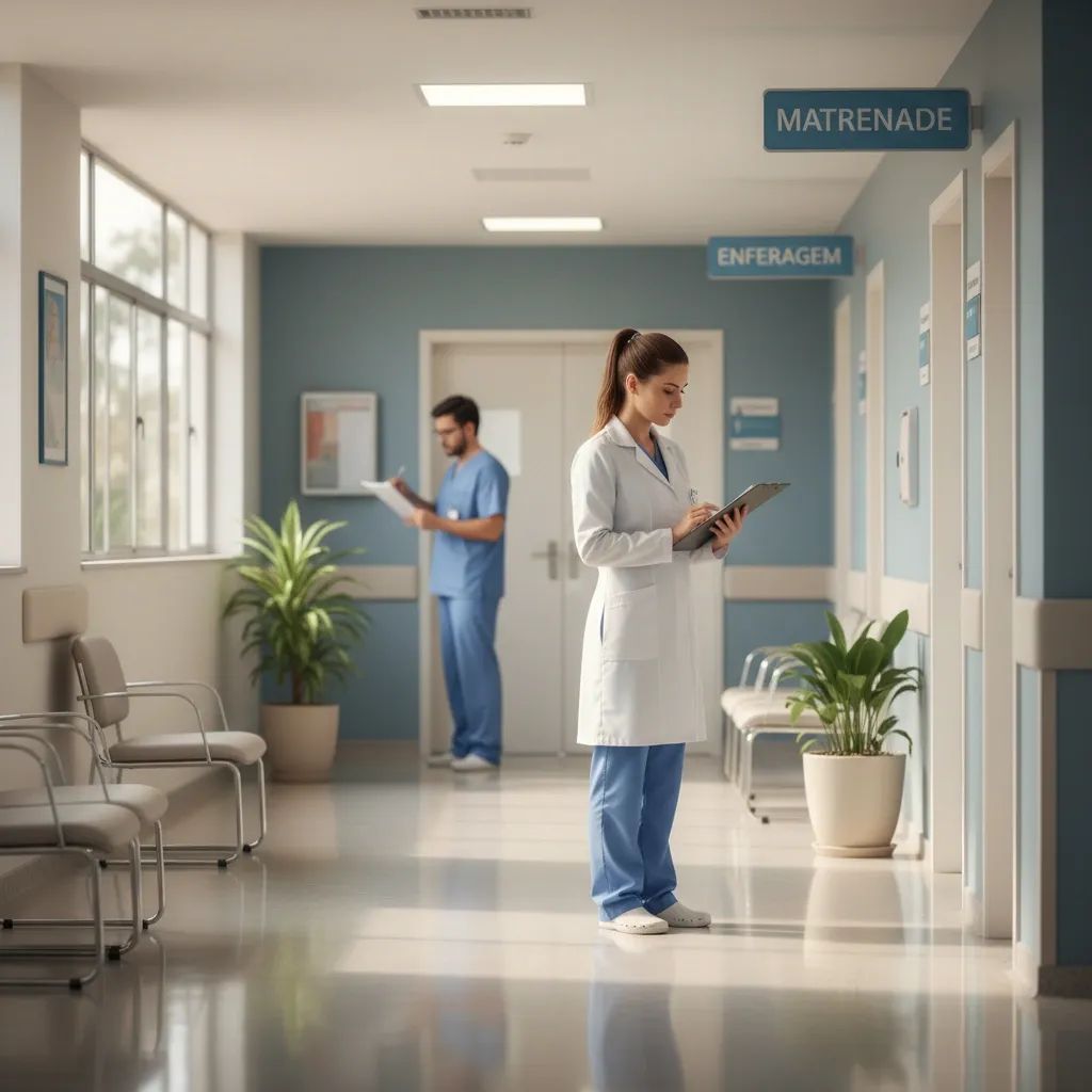 Healthcare staff reviewing patient files in a Portuguese maternity ward corridor