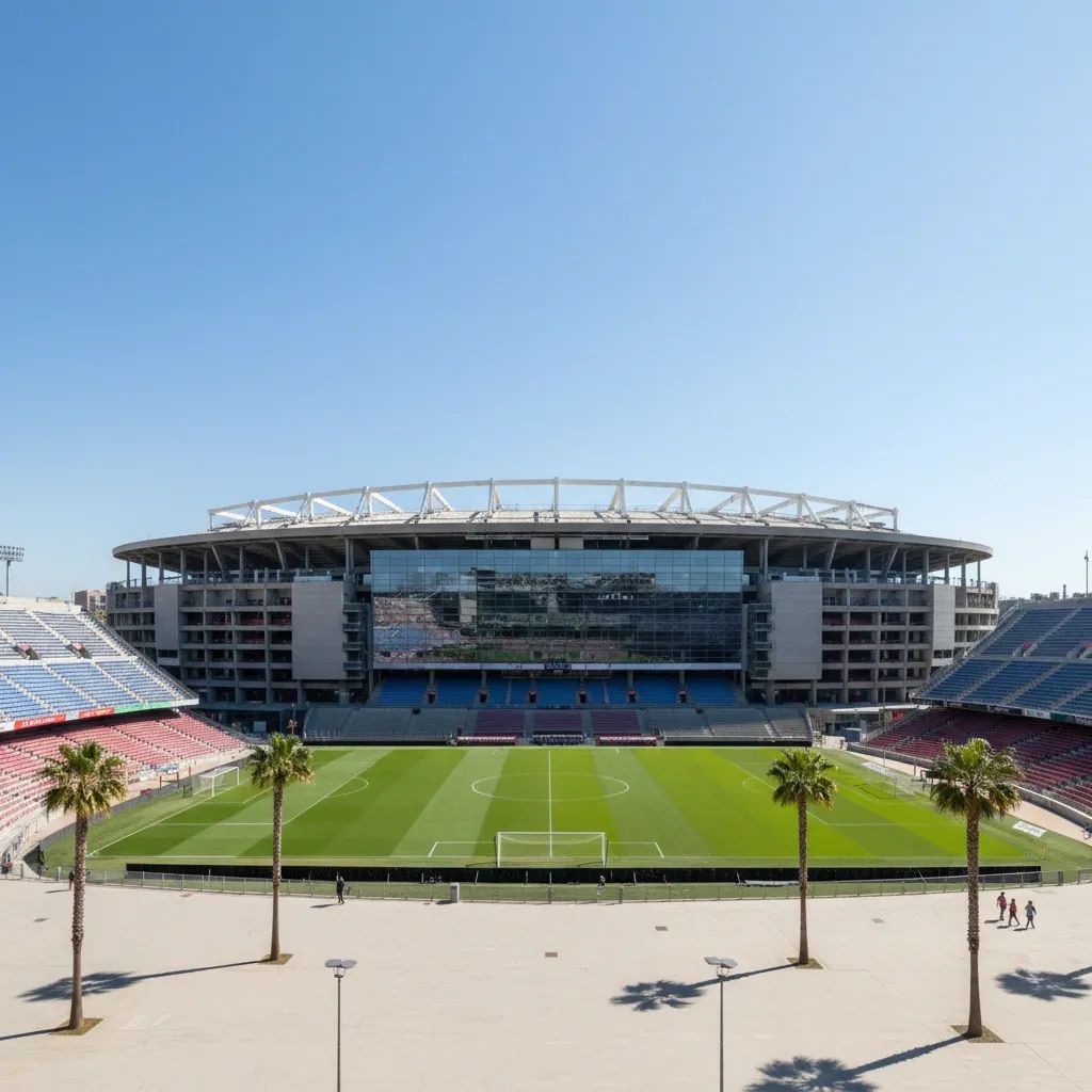 Barcelona's Camp Nou stadium exterior, modern European football venue setting