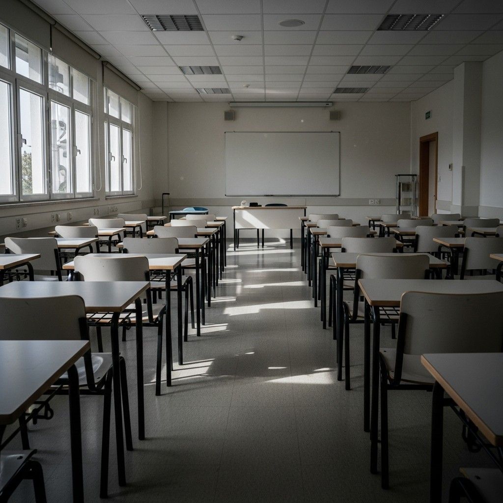 Empty medical training classroom in a Portuguese hospital with vacant chairs and desks