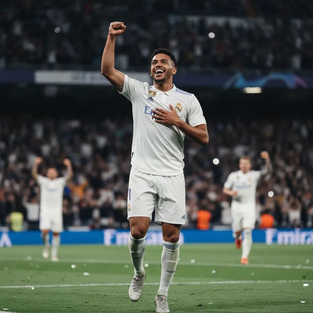 Brazilian footballer in white Real Madrid jersey celebrating after scoring goal