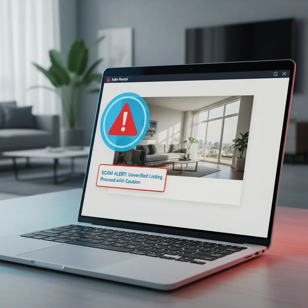 Laptop displaying warning about fake rental listing with apartment interior in background