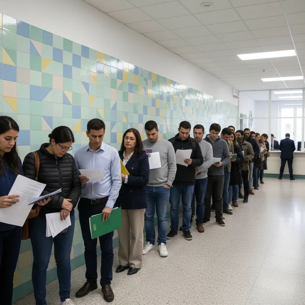 Applicants waiting in line at a Portuguese immigration office holding documents