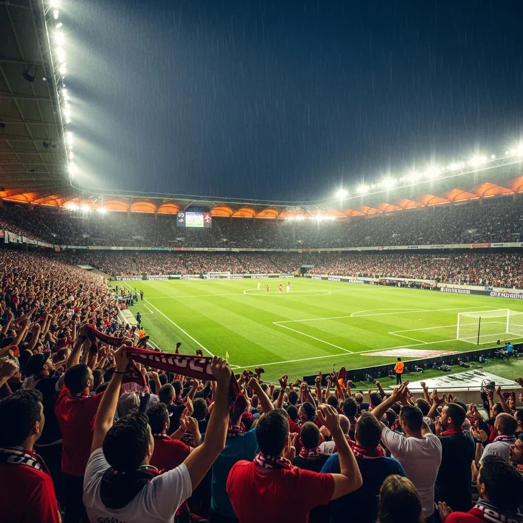 Crowd of Estrela da Amadora fans celebrating a draw at rain-soaked Estádio José Gomes