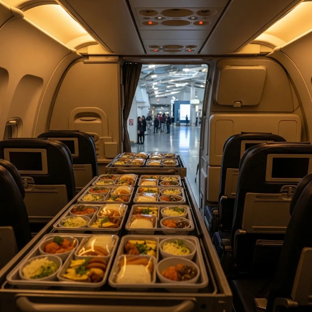 Catering trolley loaded with meal trays in a TAP aircraft cabin