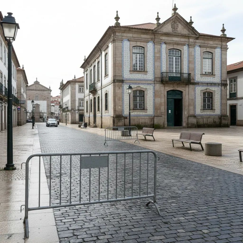 Coimbra street scene near secondary school showing urban security measures and public spaces where youth assaults occurred