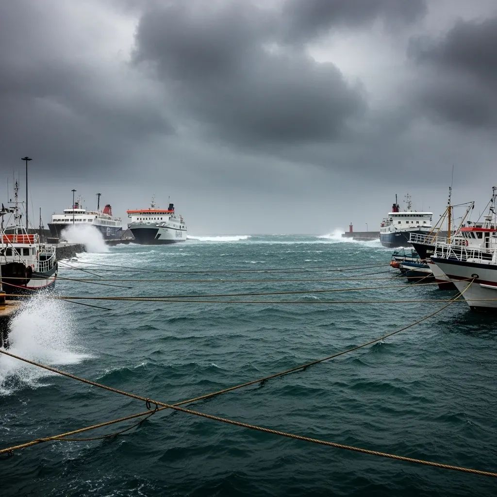 Moored boats and ferry in stormy Madeira harbour with large waves and dark clouds