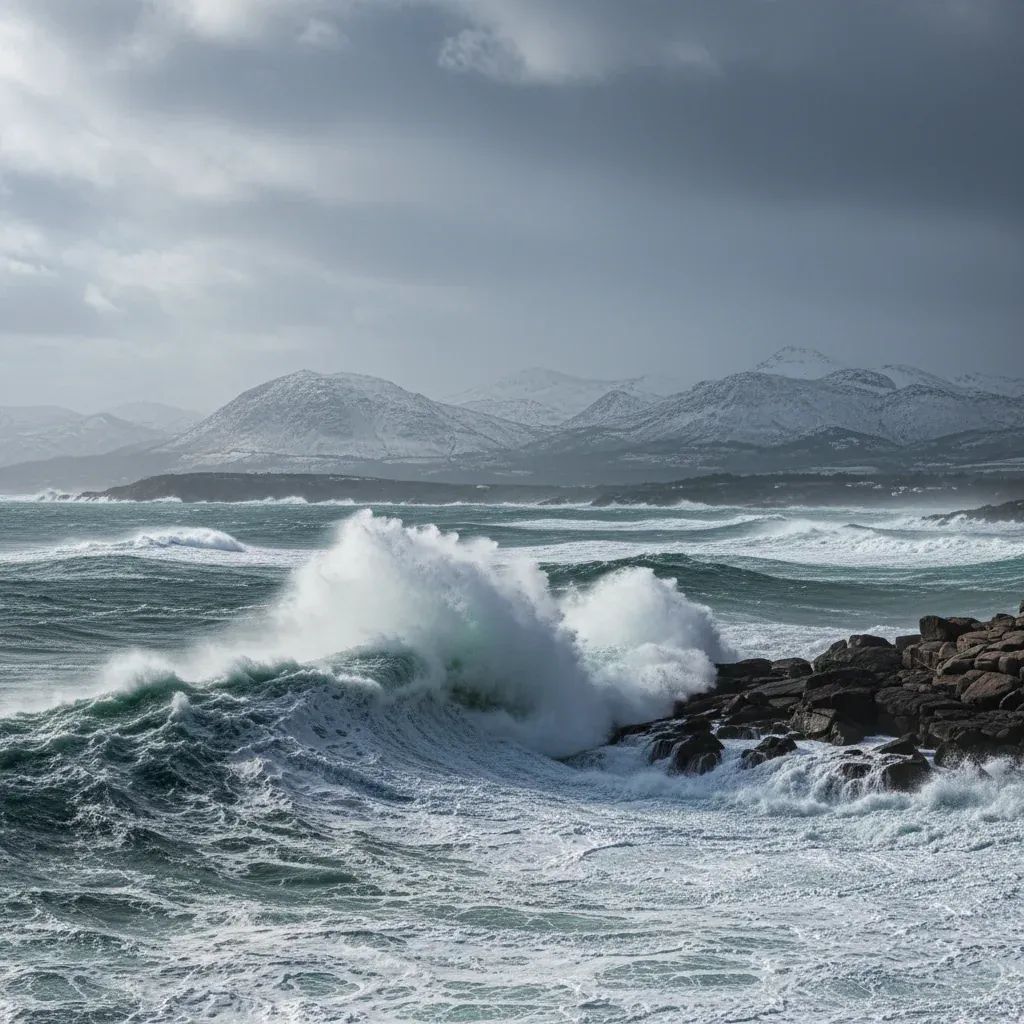 Stormy Portuguese coastline with high waves and snow-covered low mountains in the background