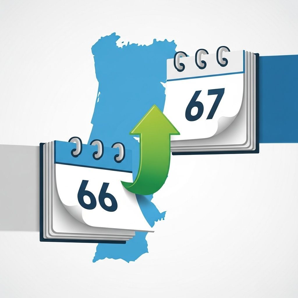 Infographic of calendar pages rising from age 66 to 67 with a Portugal outline indicating increased retirement age