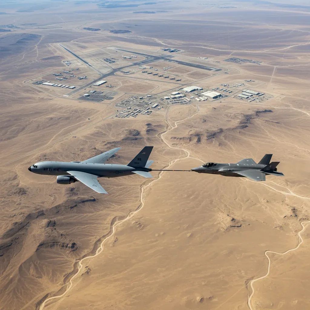 Military refueling aircraft flying over Persian Gulf region with military infrastructure visible