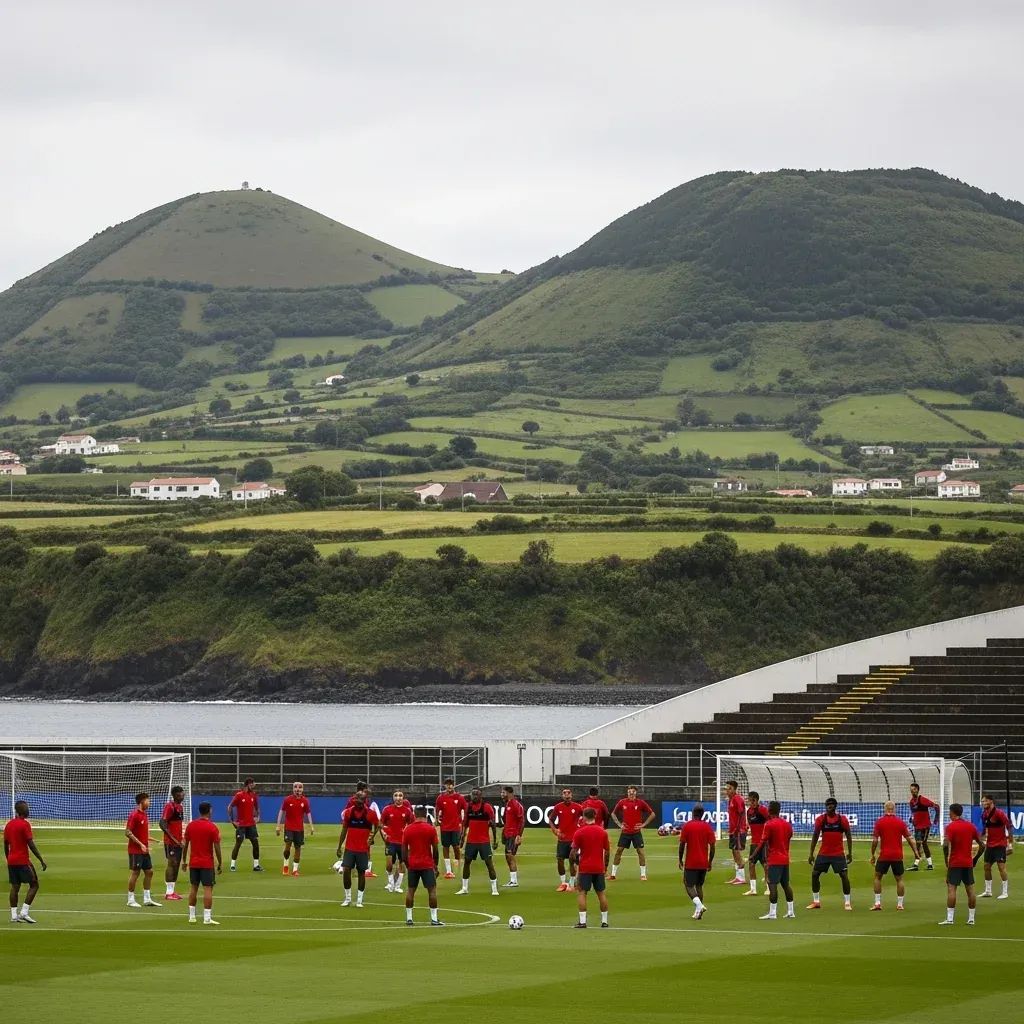 Santa Clara players training at an Azores stadium ahead of crucial Primeira Liga matches