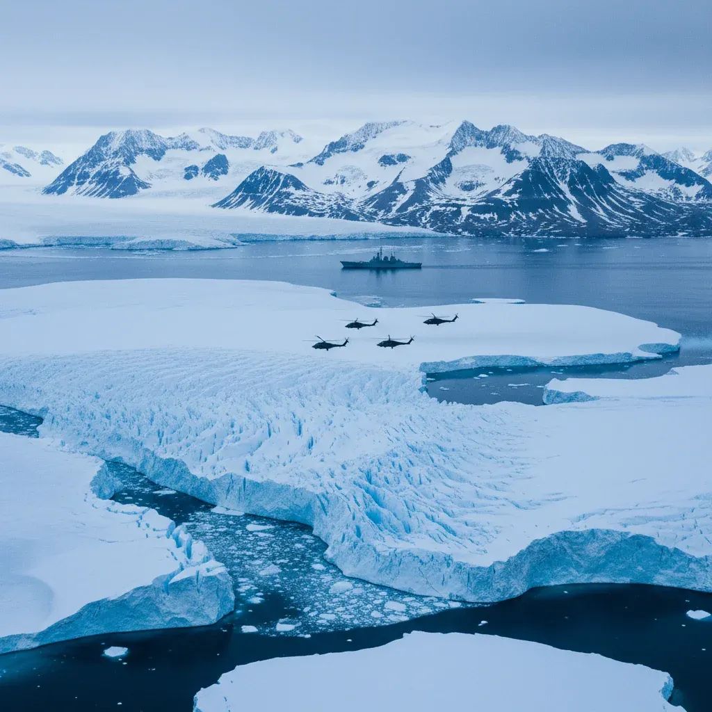 Arctic landscape showing Greenland terrain with military vessels and helicopters in background, representing NATO security operations