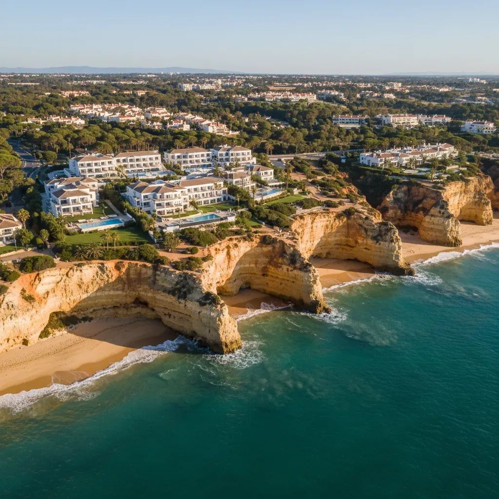 Aerial view of luxury Algarve coastline with cliffs, resorts, and Mediterranean beach
